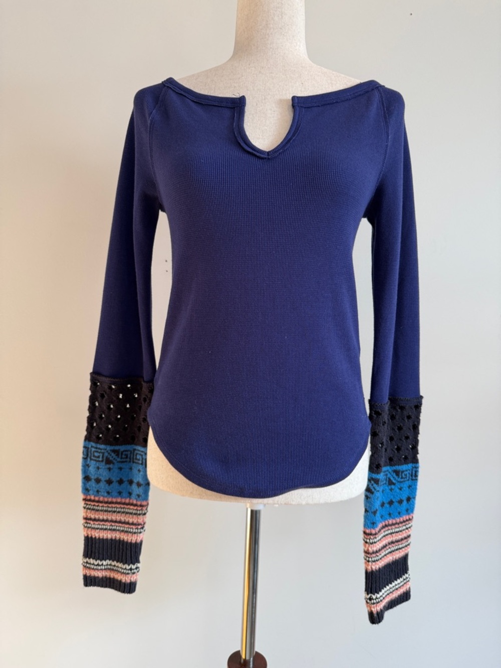 Free People Navy Long Sleeve Top with Patterned Cuffs
